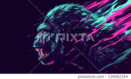 Fierce gorilla roaring with neon lights effect in profile view 126062164