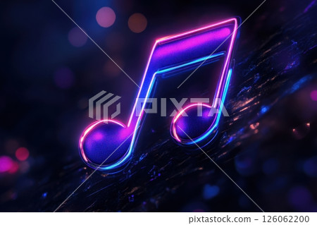 Eighth note glowing with neon purple and blue lights on dark background 126062200