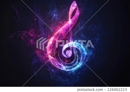 Neon purple and blue music note glowing on dark background 126062223