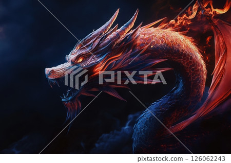 Fiery dragon emerging from dark background with glowing eyes 126062243
