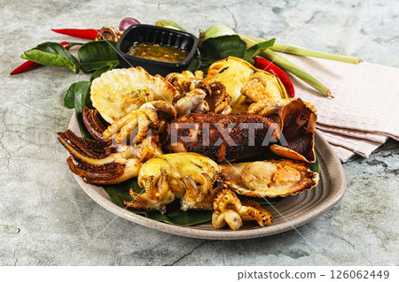 Asian grilled seafood mix plate Asian grilled seafood mix plate 126062449