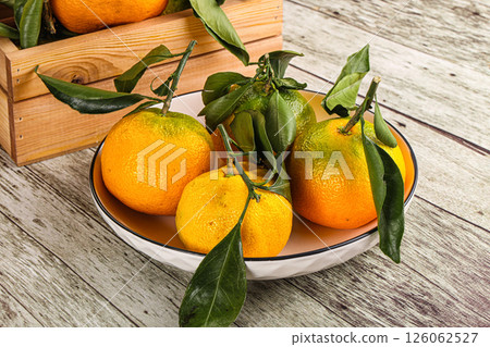 Ripe sweet tangerines heap with leaves Ripe sweet tangerines heap with leaves 126062527