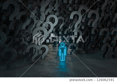Glowing question marks with dark background, 3d Glowing question marks with dark background, 3d 126062591