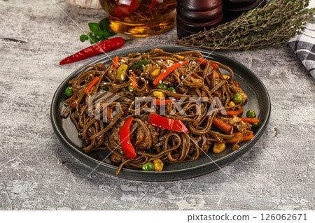 Soba with shredded pork and vegetables 126062671