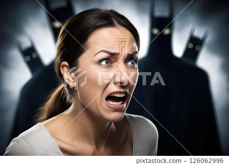 A woman with a frightened expression being chased by a mysterious figure 126062996