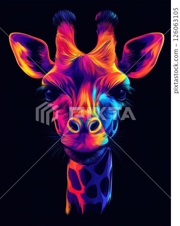 Colorful giraffe portrait with vibrant neon colors on black background 126063105