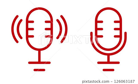 Red microphone line icons. Editable Stroke. Podcast, voice recording, audio input, mic on, off symbols. Minimal modern design for apps, web UI, media buttons, studio, streaming, broadcast 126063187