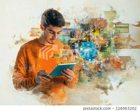 Young man using tablet and exploring digital world, information technology concept 126063202