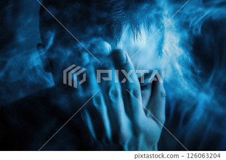 Man suffering from migraine touching his head with hand in dark room with smoke 126063204