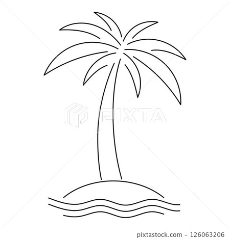 Single palm tree line art on island with sea waves. Editable Stroke. Minimal tropical coconut tree outline. Exotic summer beach sketch for logo, decoration, travel design, black and white vector 126063206