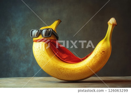 Super banana is flying and wearing sunglasses and red cape Super banana is flying and wearing sunglasses and red cape 126063299