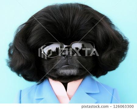 Fashionable pekingese dog wearing sunglasses and blue jacket 126063300