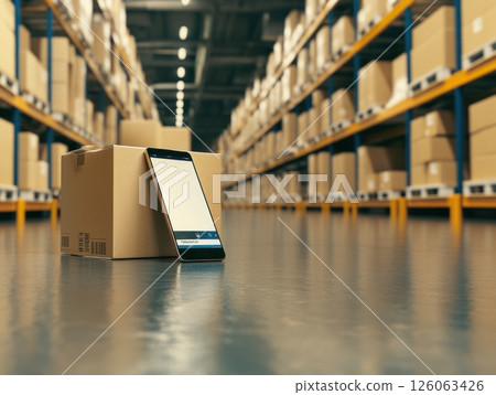 Smartphone leaning on cardboard box in warehouse setting managing inventory Smartphone leaning on cardboard box in warehouse setting managing inventory 126063426