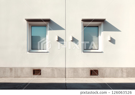 Minimalist building facade with two windows and shadows Minimalist building facade with two windows and shadows 126063526
