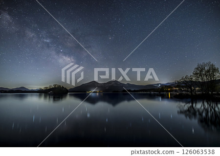 Mount Bandai reflected on the surface of Lake Hibara and the rising Milky Way Mount Bandai reflected on the surface of Lake Hibara and the rising Milky Way 126063538