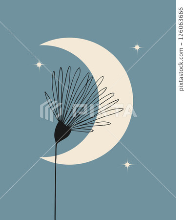 Wall painting interior decor Moon and Flowers contour, stars, blue soft background. Wall painting interior decor Moon and Flowers contour, stars, blue soft background. 126063666