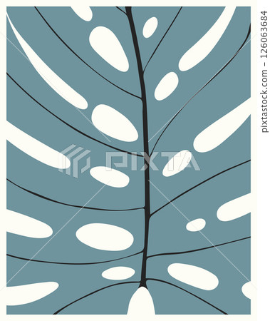 Monstera leaf wallpaper, botanical style wall decor design, leaf skeleton close up. In blue soft colors. 126063684