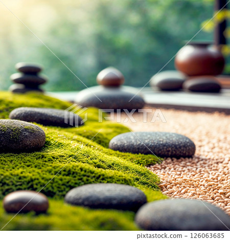 Japanese Zen garden, stones and moss, plant , close-up. Generated AI. 126063685