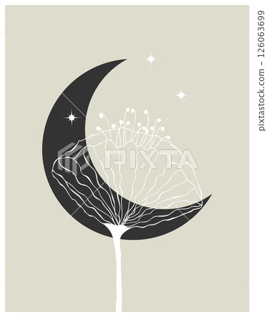 Black Moon. Wall painting interior decor, hand painted, black Moon and white Flowers, night and stars, boho style, creme background. Black Moon. Wall painting interior decor, hand painted, black Moon and white Flowers, night and stars, boho style, creme background. 126063699