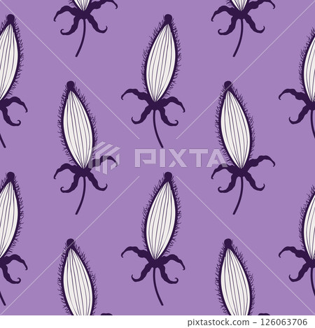 Thistle Carduus pattern on lilac background, stylized doodle drawing, botanical background with seed pods. Thistle Carduus pattern on lilac background, stylized doodle drawing, botanical background with seed pods. 126063706