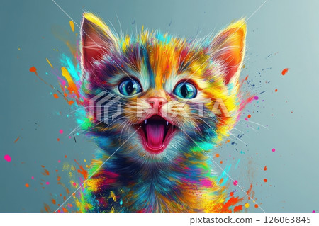 Colorful kitten meowing with paint splashes background 126063845