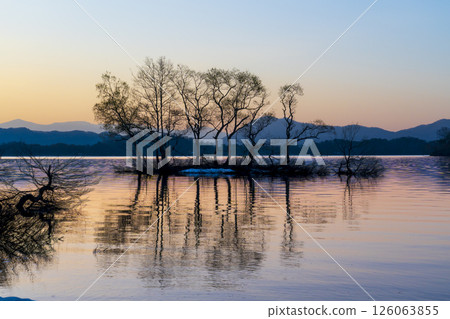 Early summer in Urabandai: Trees and Mt. Bandai reflected on the morning surface of Lake Hibara Early summer in Urabandai: Trees and Mt. Bandai reflected on the morning surface of Lake Hibara 126063855