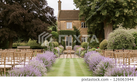 Aisle with wooden chairs and purple lavender floral decorations at an outdoor wedding ceremony in the garden 126063944
