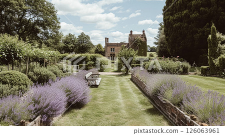 A picturesque stone manor house nestled amidst vibrant lavender garden in the English countryside. 126063961