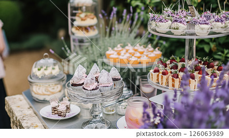 Outdoor wedding buffet table with lavender and a variety of dishes. 126063989