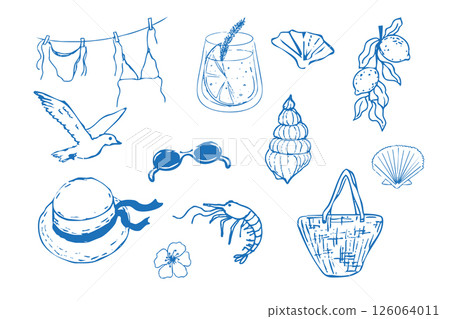 Summer seashore beach sea tourism, rest sketch drawing. Line hand drawn beach party elements palm, hat seashell. Vacation doodle tropical print. 126064011