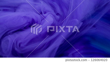 Fog ink. Acrylic pigment. Defocused purple blue color water chemical mix particles haze emulsion moving on abstract art background. Fog ink. Acrylic pigment. Defocused purple blue color water chemical mix particles haze emulsion moving on abstract art background. 126064020