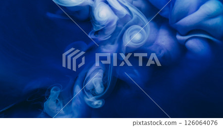 Ink water. Fog wave. Defocused blue white purple color particles chemical fluid acrylic substance floating on abstract background. 126064076
