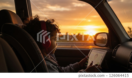 Child on journey uses tablet, headphones. Enjoying calm car journey, sunset journey Child on journey uses tablet, headphones. Enjoying calm car journey, sunset journey 126064415