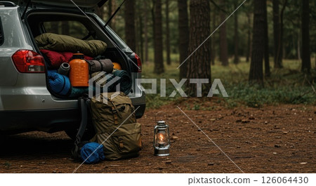 Car trunk camping gear, lantern. Forest trip. This gear essential, survival gear 126064430