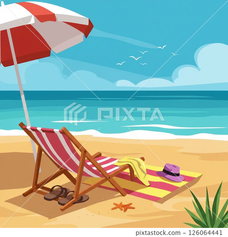 Beach chair under umbrella invites relaxation. Sunny summer beach vacation offers pure relaxation 126064441