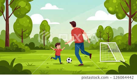 Father son play soccer in park, happy family activity strengthens bond. Fun activity Father son play soccer in park, happy family activity strengthens bond. Fun activity 126064442