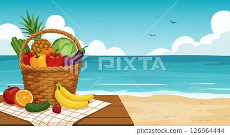 Beach picnic features fresh fruit, vegetable basket by sea. Healthy picnic feast Beach picnic features fresh fruit, vegetable basket by sea. Healthy picnic feast 126064444