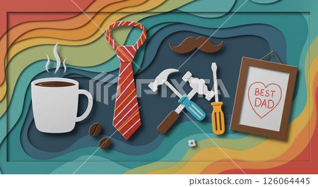 Father is Day paper craft scene shows coffee, tie, tools. Best dad art craft 126064445