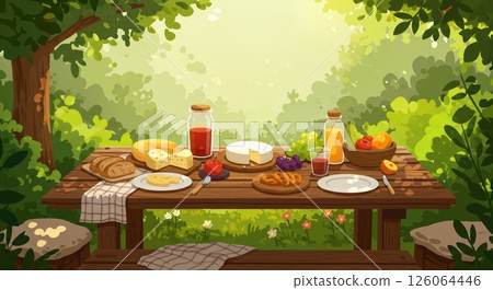 Abundant feast on rustic table invites forest dining enjoy this sunny feast 126064446