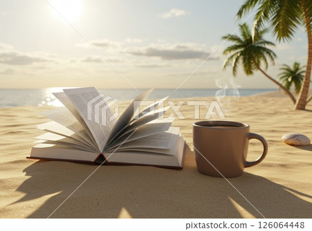 Beach relax open book, steaming coffee offer quiet relax. Perfect relax escape 126064448