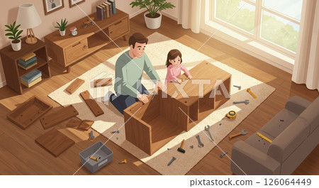 Father daughter assemble furniture together, family bonding. Happy family project, building together 126064449