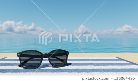 Sunglasses on beach towel offer total relax by ocean. Summer sun calls for relax time 126064450