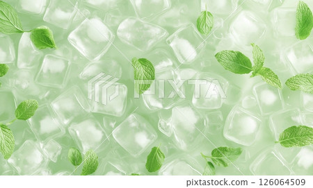 Top View of Ice Cubes and Mint Leaves in Crisp Pattern 126064509