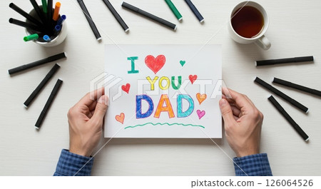 Hands hold child is drawing I love you Dad. Pure love from kid, happy love 126064526