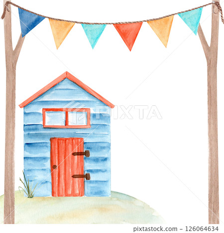 Wooden cabin, flag garland stretched between two poles on white background. High quality watercolor illustration perfect for cards, decor, children's room design. Cute decorative hut. Blue house red 126064634
