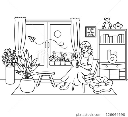 Black and white illustration of a woman sitting on a chair and holding a tablet Black and white illustration of a woman sitting on a chair and holding a tablet 126064698
