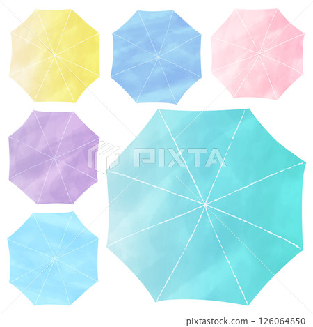Watercolor umbrella illustrations: A set of colorful umbrellas seen from above Watercolor umbrella illustrations: A set of colorful umbrellas seen from above 126064850
