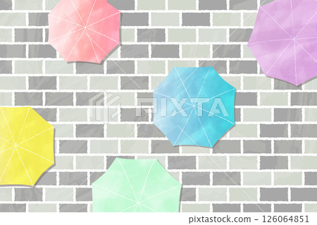 People with umbrellas walking along a cobblestone road. Illustration of open umbrellas seen from above. 126064851