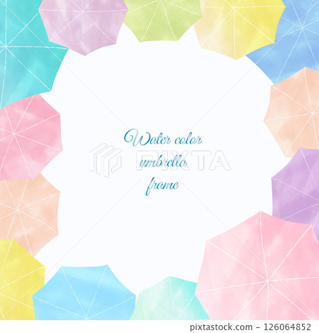 A stylish square background frame with watercolor-style umbrellas lined up from above 126064852