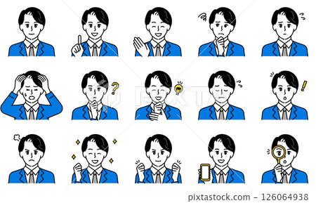 插圖集：一位身穿西裝的男士透過臉部表情和姿勢表達情緒 126064938